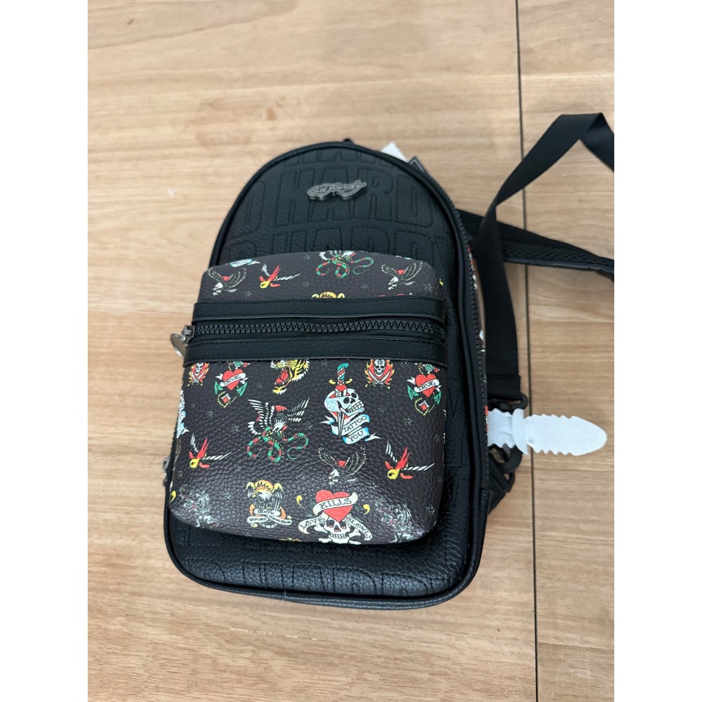 Ed Hardy Black Multi Tattoo Print Sling Bag Backpack Crossbody New NWT